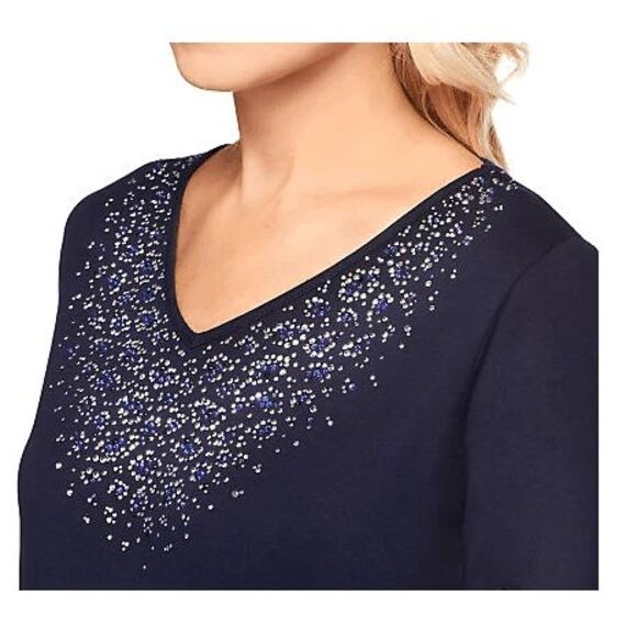 Quacker Factory Womens 3X Indigo V-neck T-shirt with Animal Rhinestone Detail NW - Picture 1 of 4